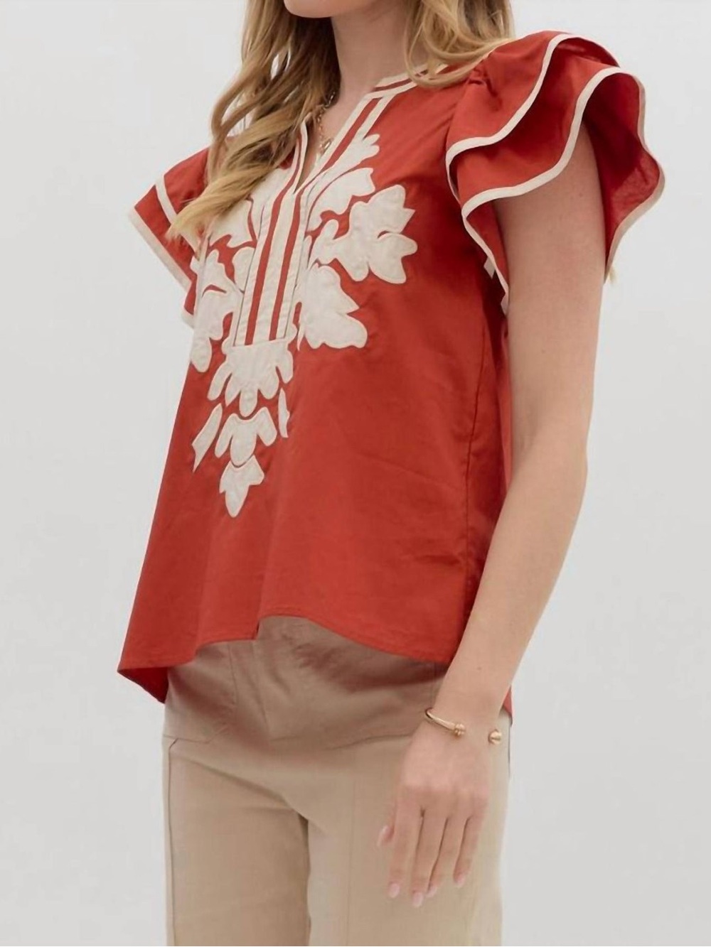 entro Rust Embroidered Flutter-Sleeve Top